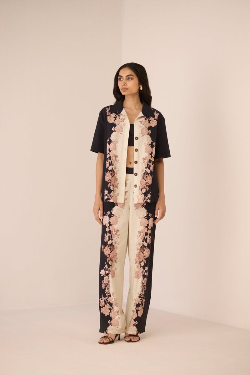 Noir Botanical Cotton Floral Placement Print Shirt