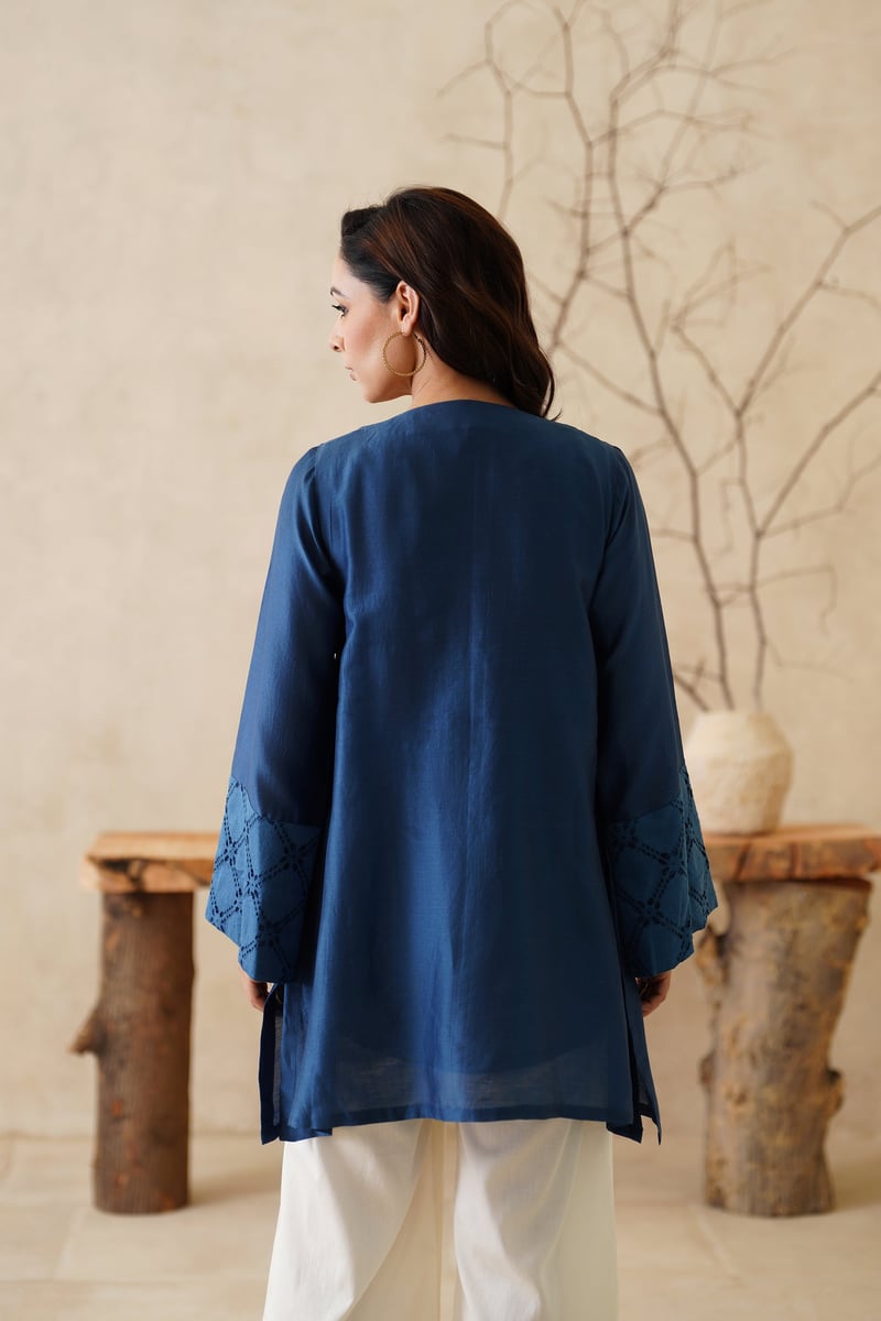 Blue Chanderi Embroidered Tunic and Cream Palazzo Co-ord Set