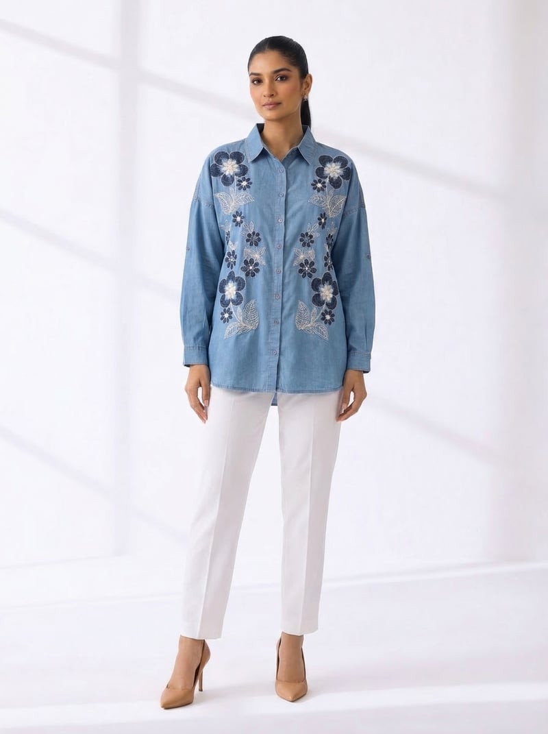 Blue Cotton Floral Button-Down Shirt — BURRASCA