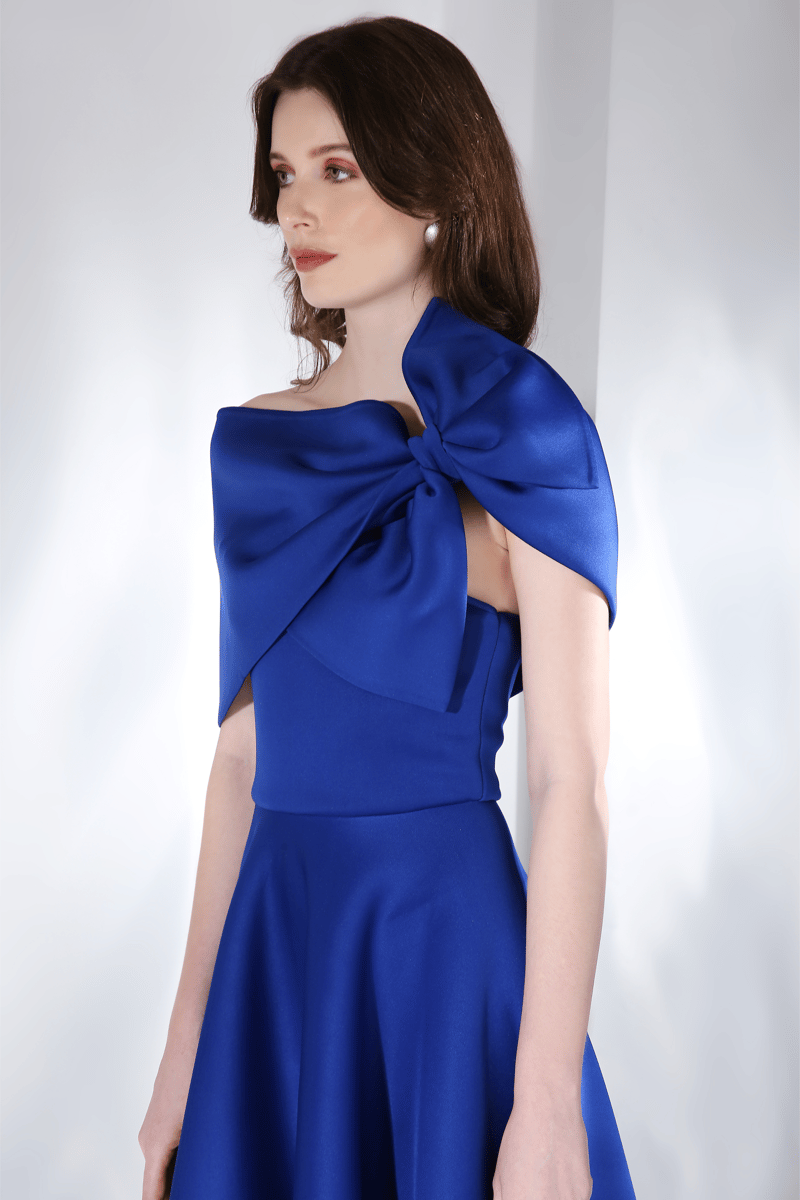 Blue Strapless Fit and Flare High-Low Midi Dress Set