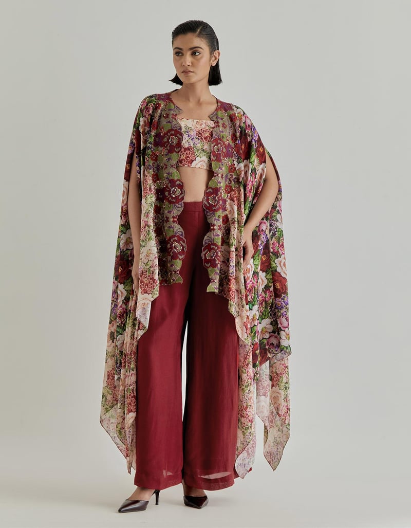 Red Pink Rosette Nomad Bustier & Cape & Trouser — Kavita Bhartia