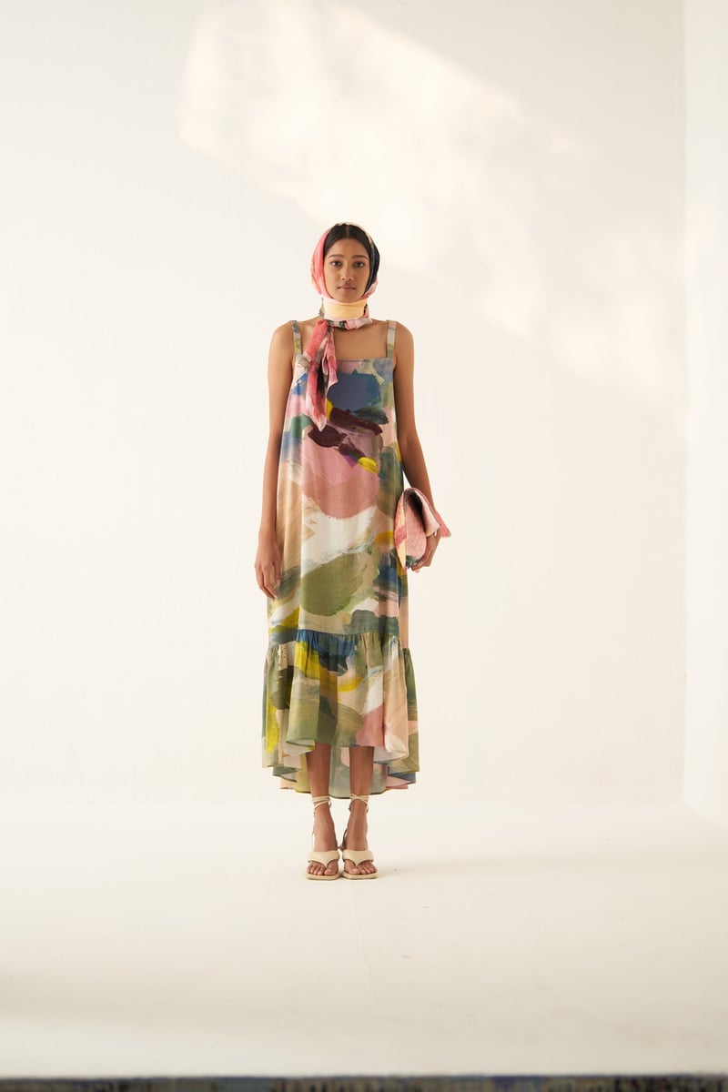 Abstract Print Tiered Midi Dress with Square Neck