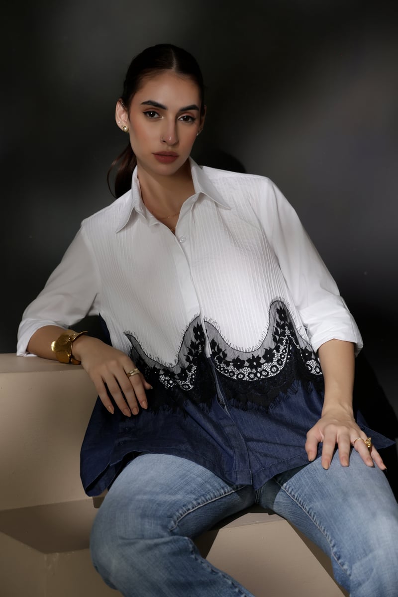 White and Dark Denim Colorblock Lace Panel Shirt