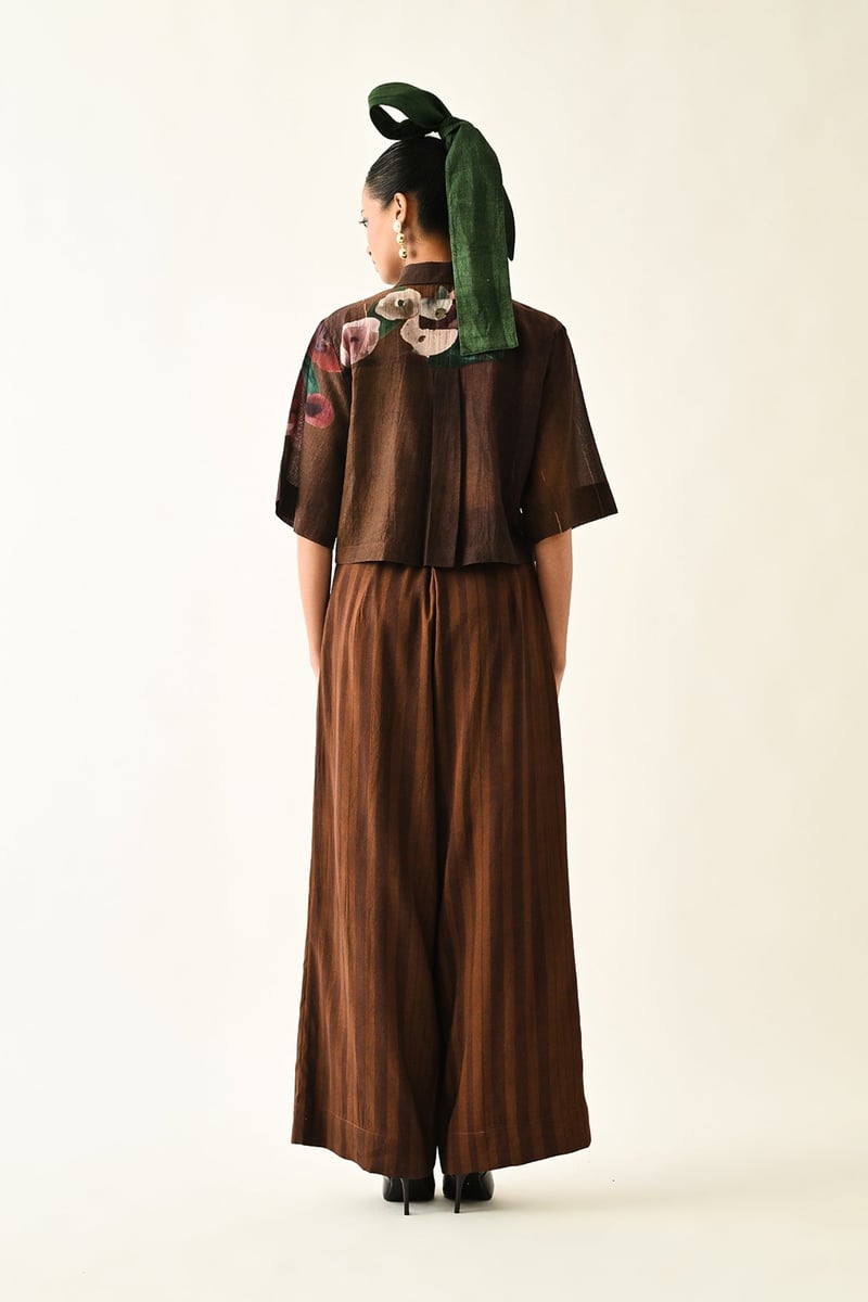 Brown Wide-Leg Pleated Abstract Print Trousers