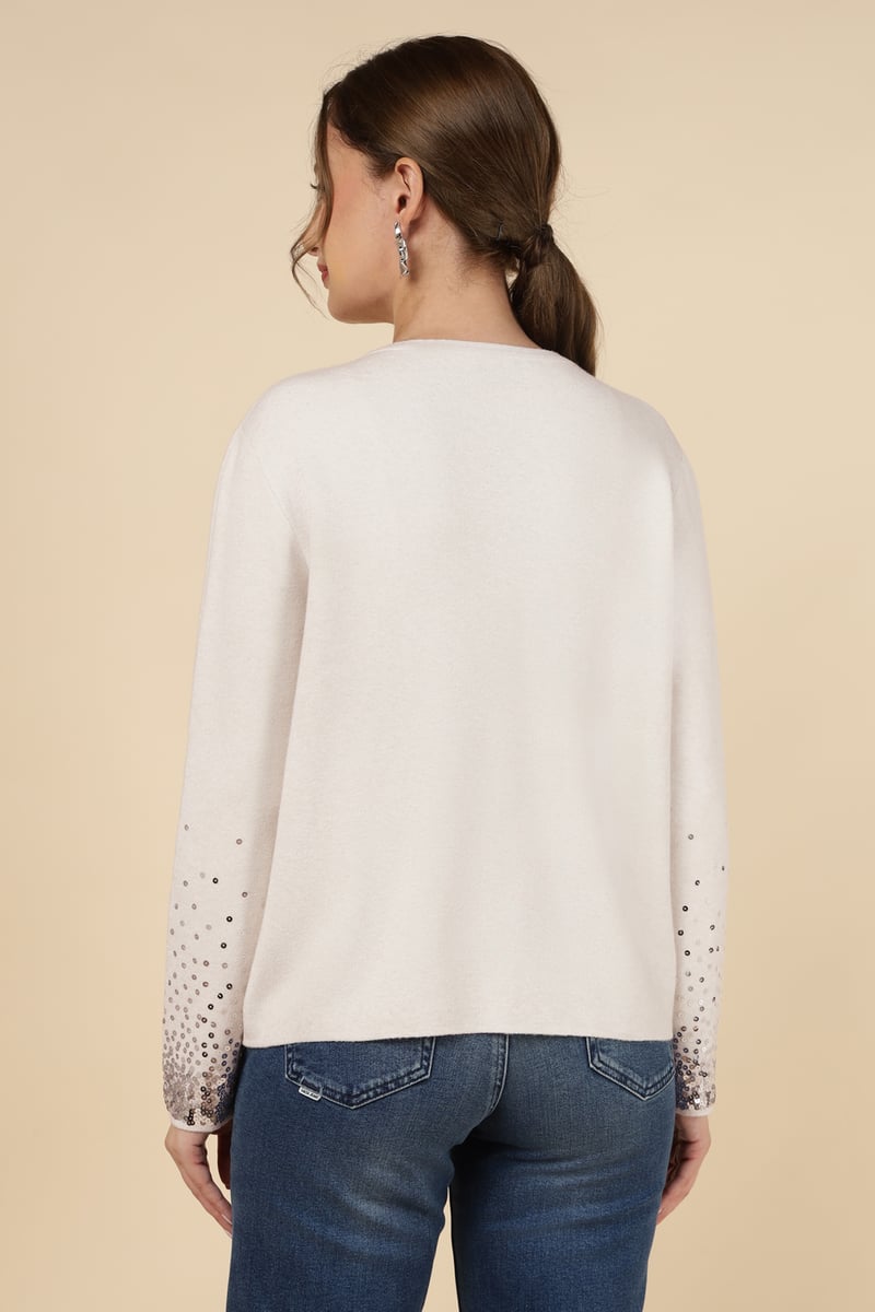 Ecru Sequin Hem Fine-Knit Cardigan
