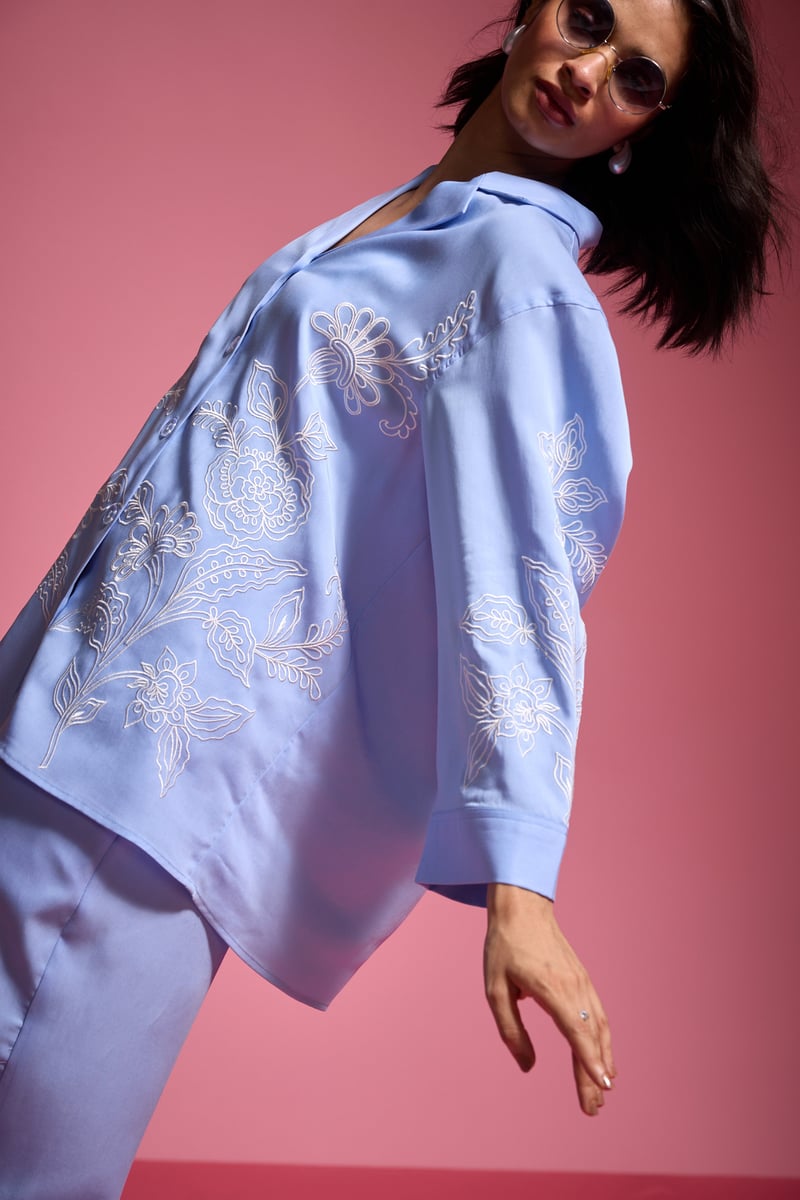 Pastel Blue Tencel Placement Embroidered Relaxed Fit Shirt
