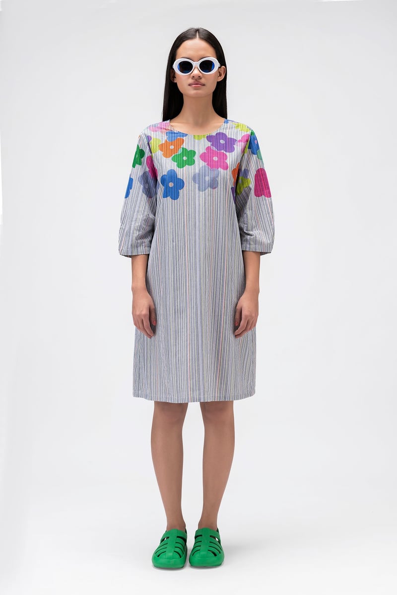 Multicolor Stripe and Floral A-Line Knee-Length Dress