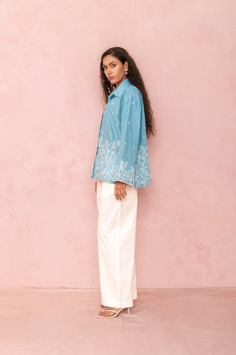 Blue Cotton Floral Print Button-Down Shirt