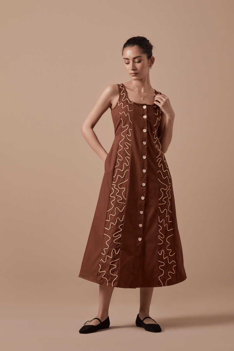 Brown A-Line Button-Down Midi Dress with Contrast Embroidery