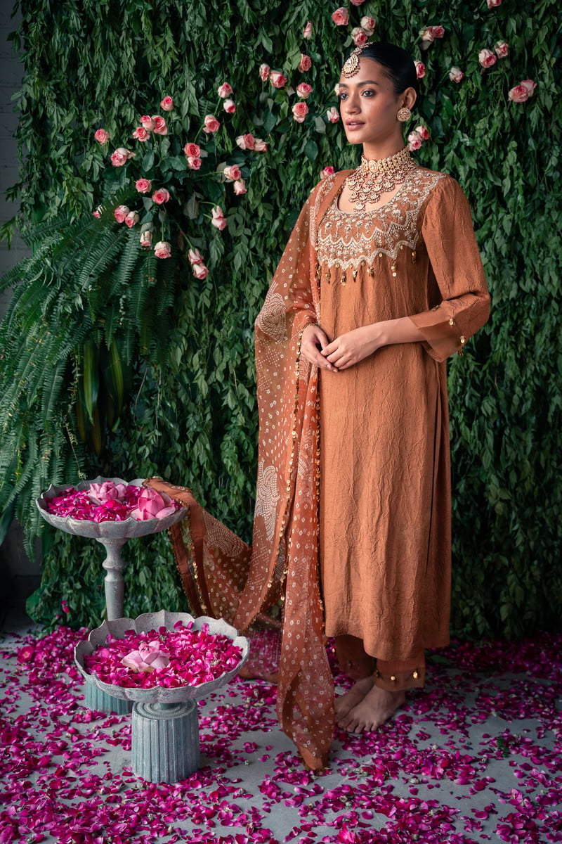 Brown Embroidered Crushed Silk Kurta Set with Dupatta