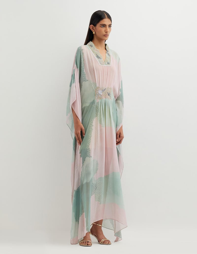 Multicolor Printed Long Dress with Embellishement