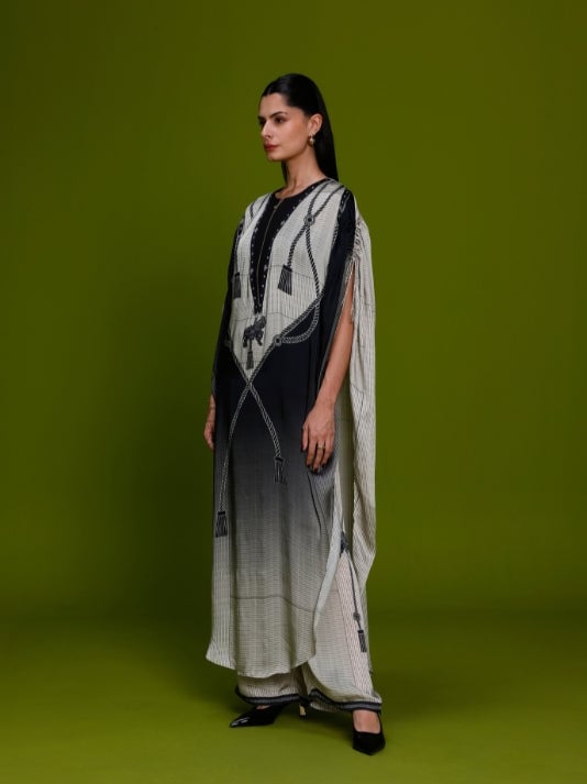 Ivory and Black Cupro Satin Kaftan and Pant Co-ord Set