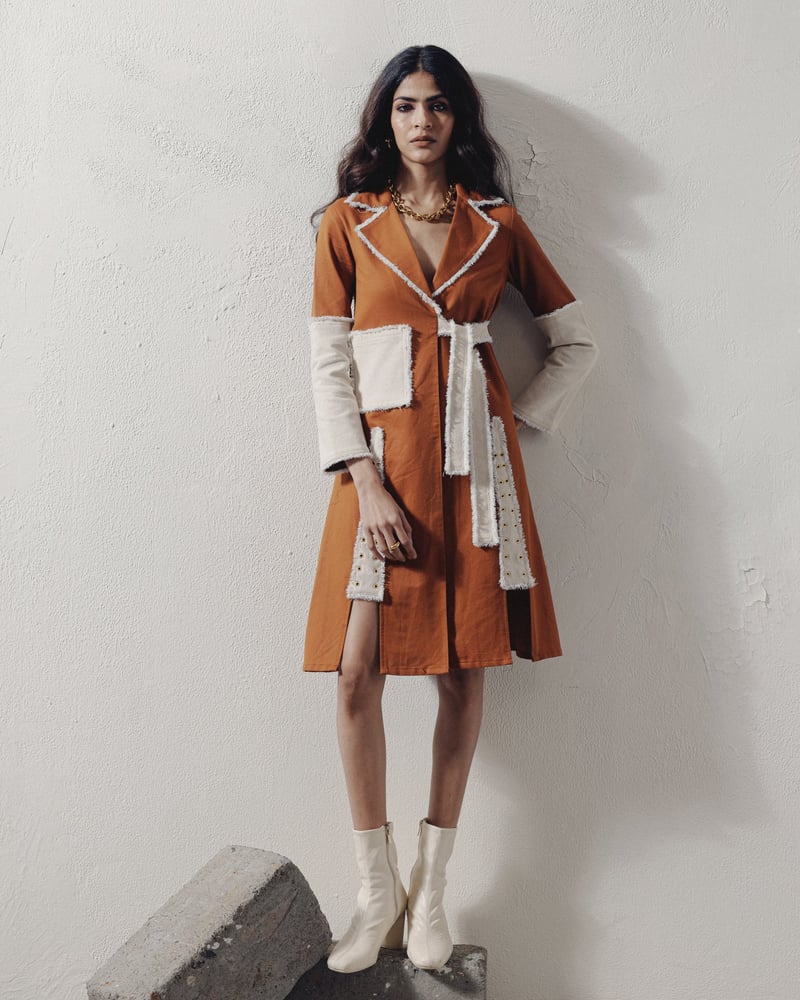 Rust Denim Colorblock Wrap Dress with Lapel Collar — Veera Wear