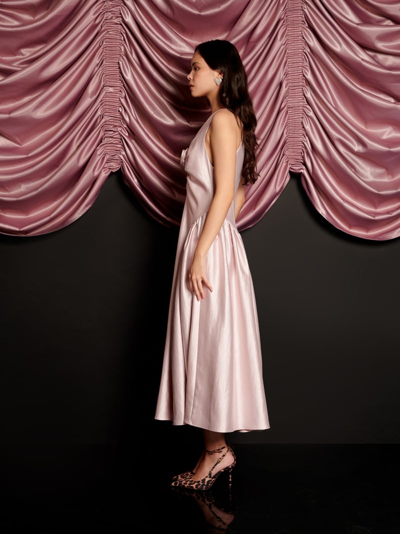 Pale Pink Taffeta Fit and Flare Midi Dress with Rosette