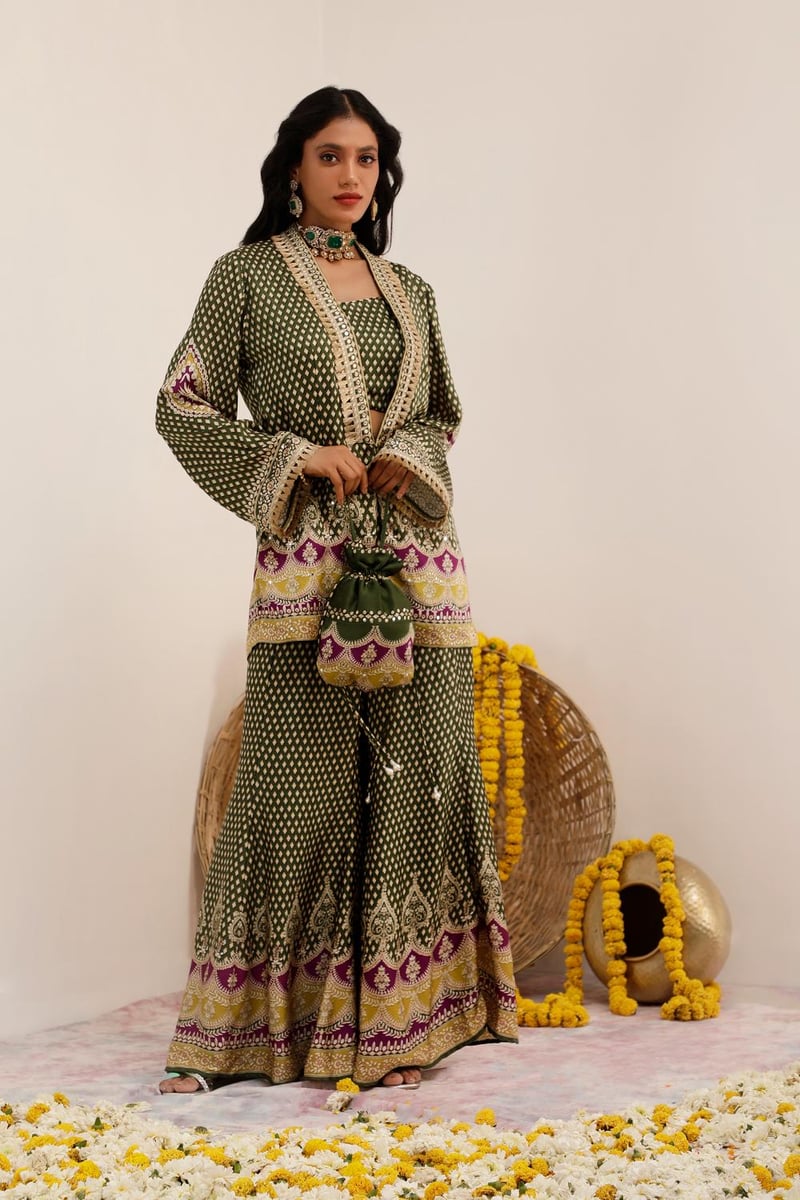 Olive Green Printed Blazer, Blouse and Sharara Co-ord Set