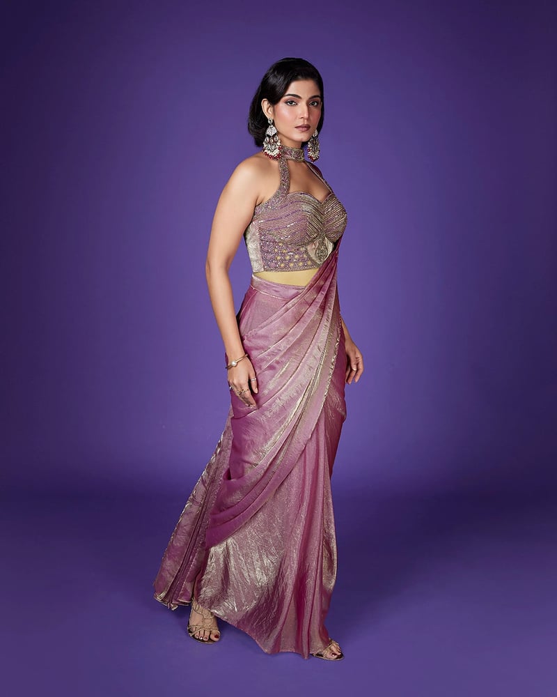 Pink Shimmer Tissue Saree with Embellished Halter Blouse
