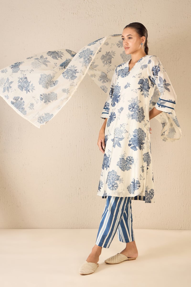 Floral Fantasy: Blue Floral Lace Dupatta