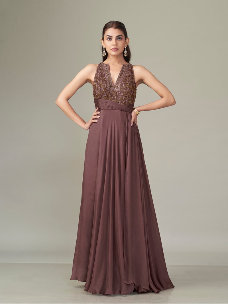 Dusty Rose Chiffon Halter-Neck Embroidered Maxi Gown — QUNIC