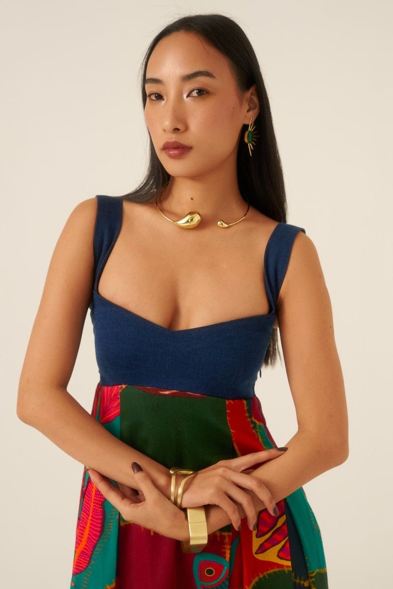 Multicolor Fit and Flare Maxi Dress with Denim Bodice
