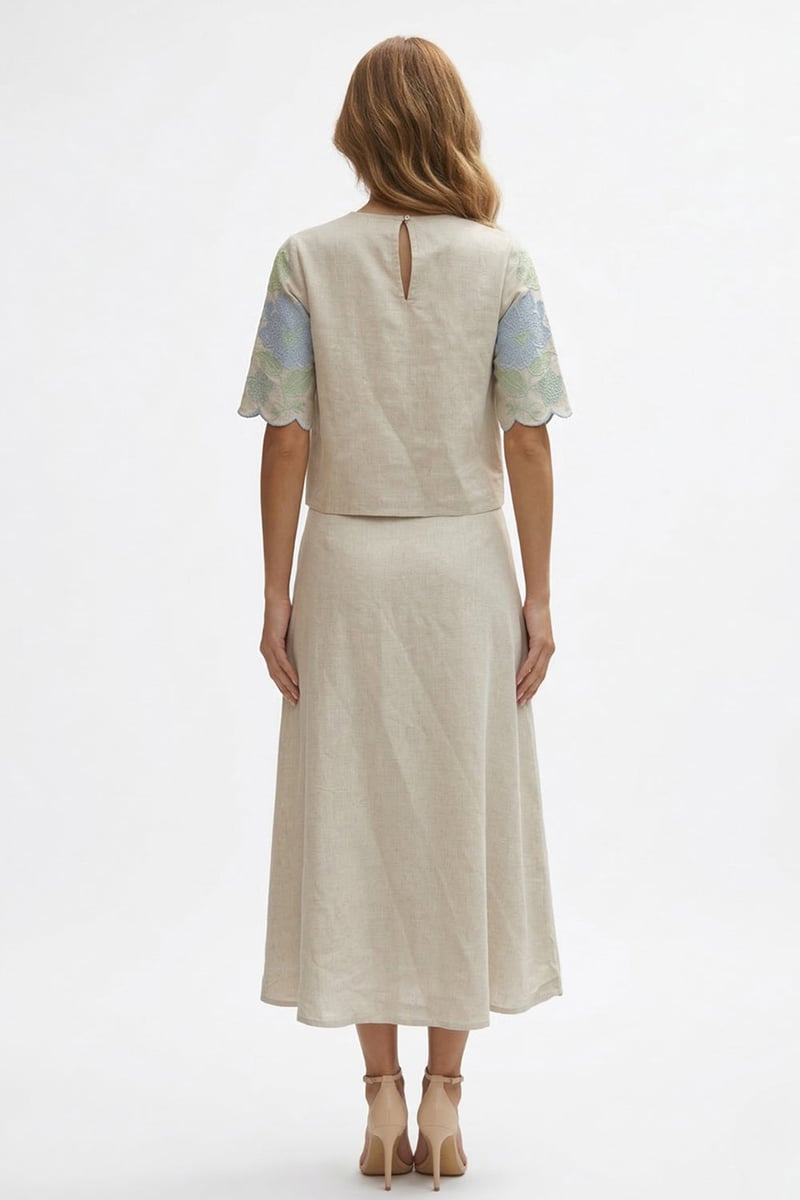 Sand Linen Applique Top and Midi Skirt Co-ord Set
