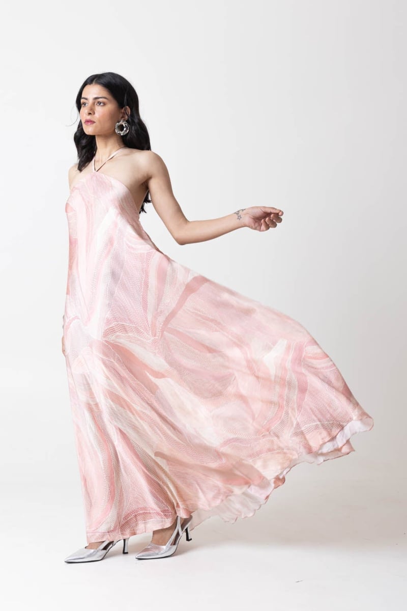 Pink Peach Abstract Printed Halter Maxi Dress