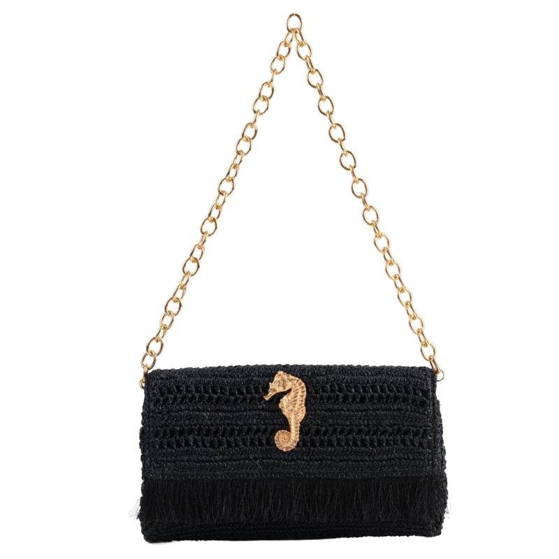 Jena Black Slim Raffia Clutch With Gold Emblem