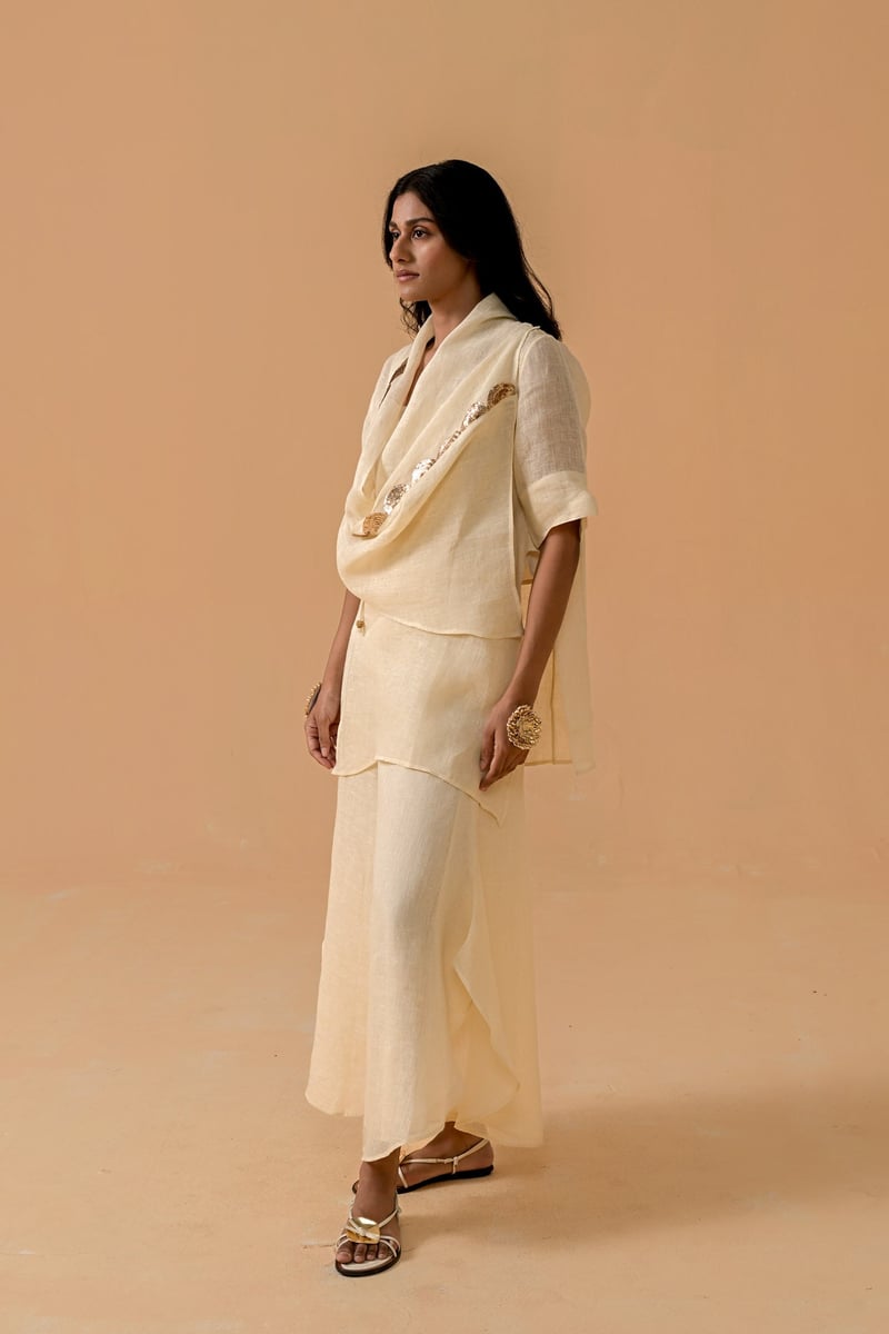 Cream Gauze Linen Cape and Palazzo Co-ord Set