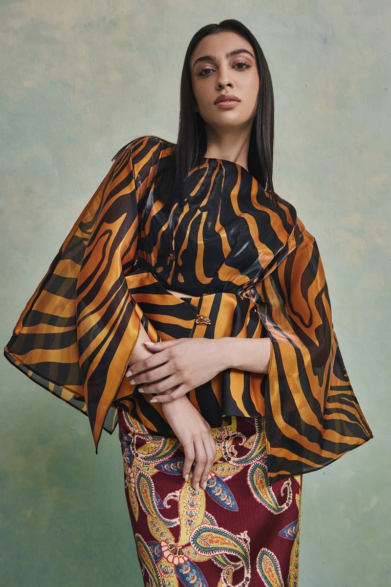 Black/Yellow Zebra Print Cape Sleeve Flared Top