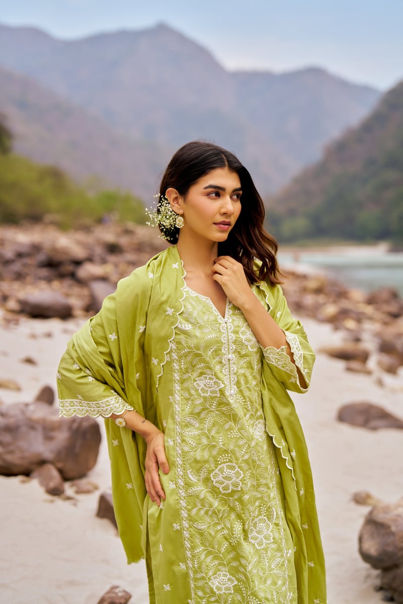 Green Cotton Embroidered Straight Kurta Set With Dupatta