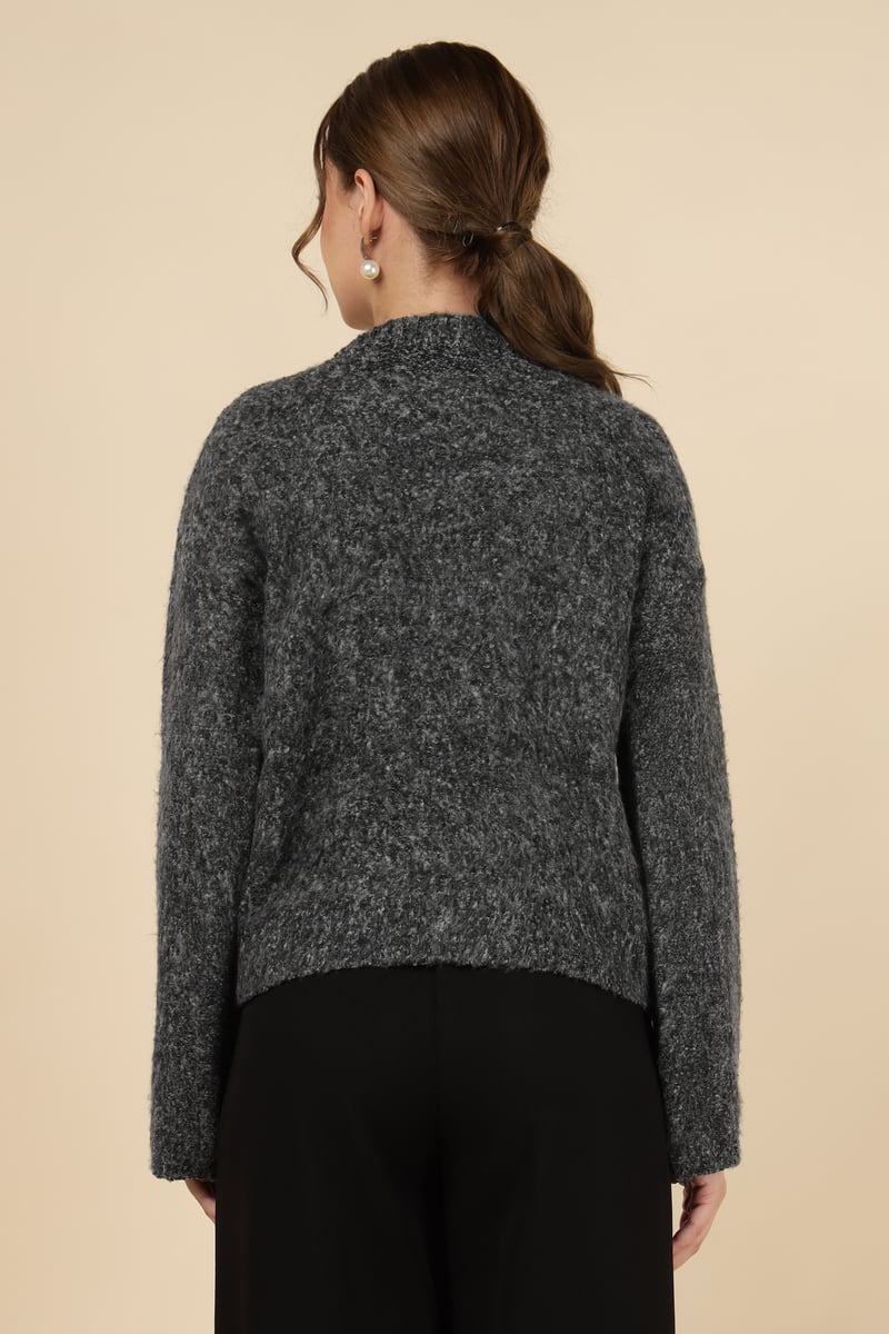 Grey Pearl-Embellished Neck Pullover Sweater