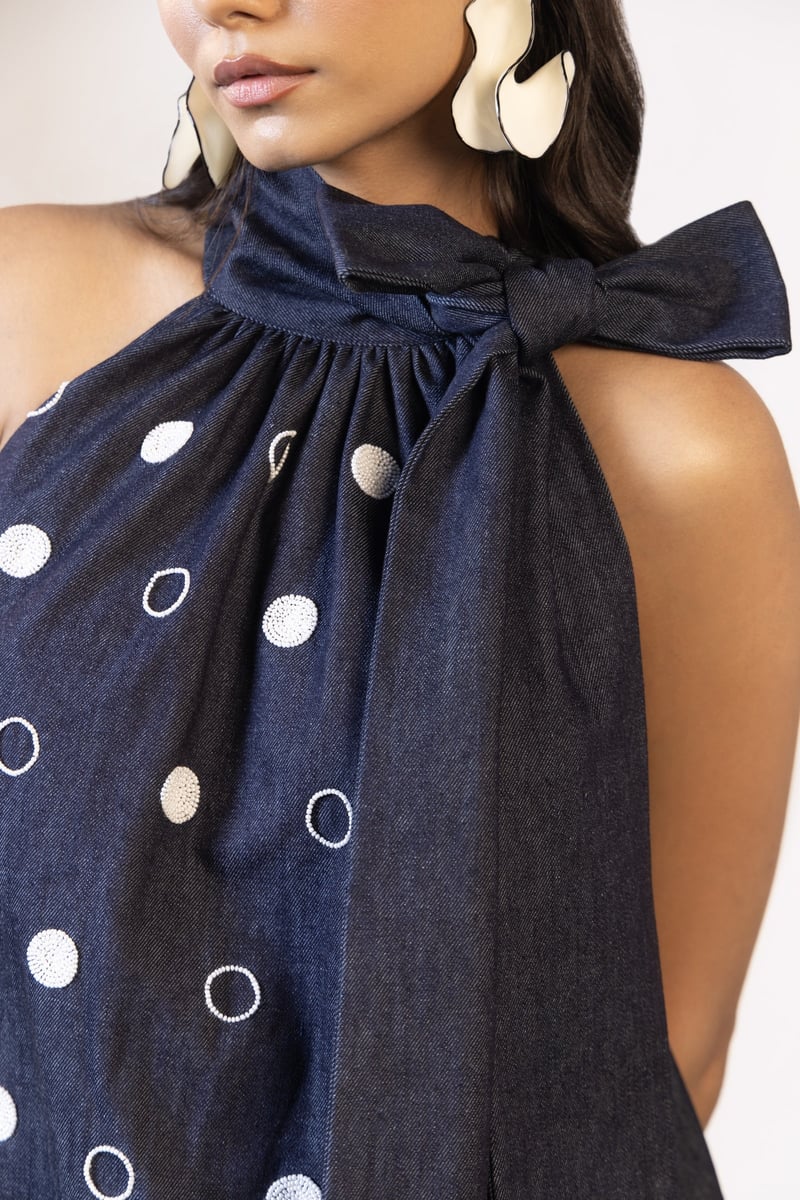 Navy Halter Neck Pearl Polka Dot Denim Mini Dress
