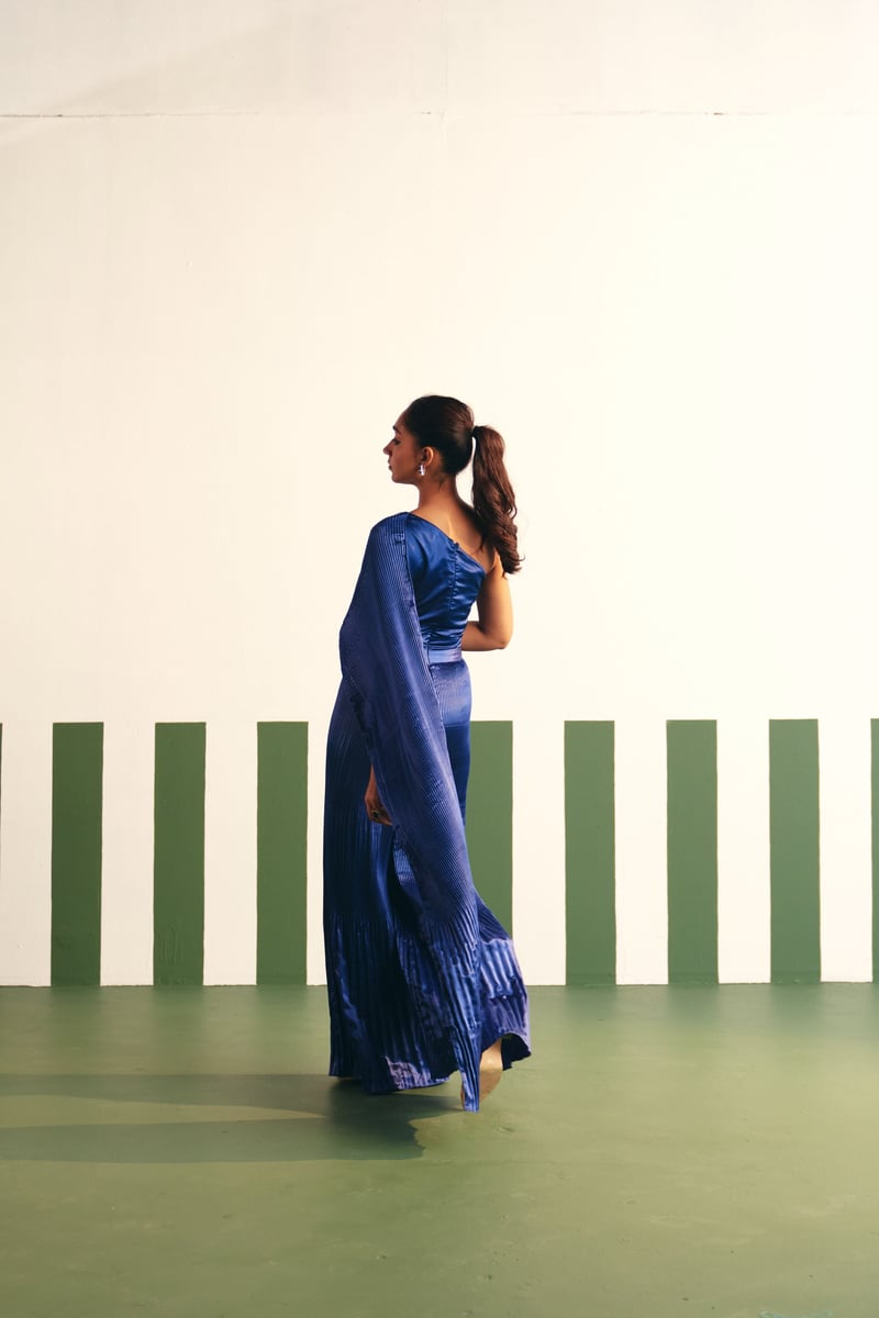 Cobalt Blue One-Shoulder Pleated Satin Drape Jumpsuit