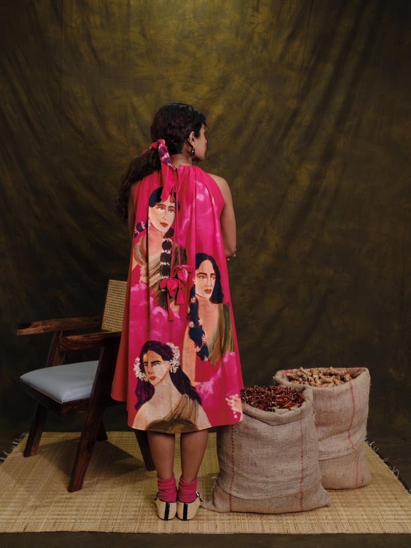 Pink Graphic Print Halterneck Midi Dress
