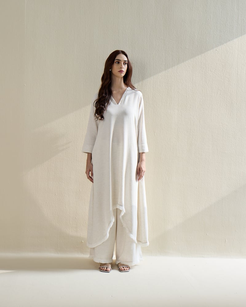 Natural Linen V-Neck Co-ord Set with Wide-Leg Pants