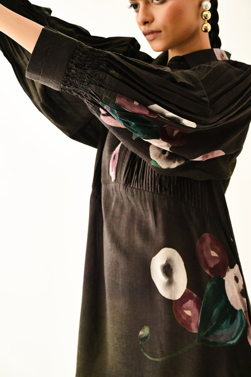 Brown Abstract Floral A-Line Midi Shirt Dress
