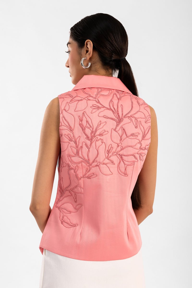 Pink Cotton Satin Embroidered Asymmetrical Waistcoat