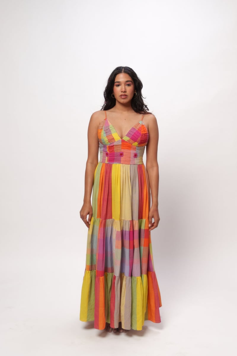 Multicolor Colorblocked Tiered Maxi Dress with Embroidery