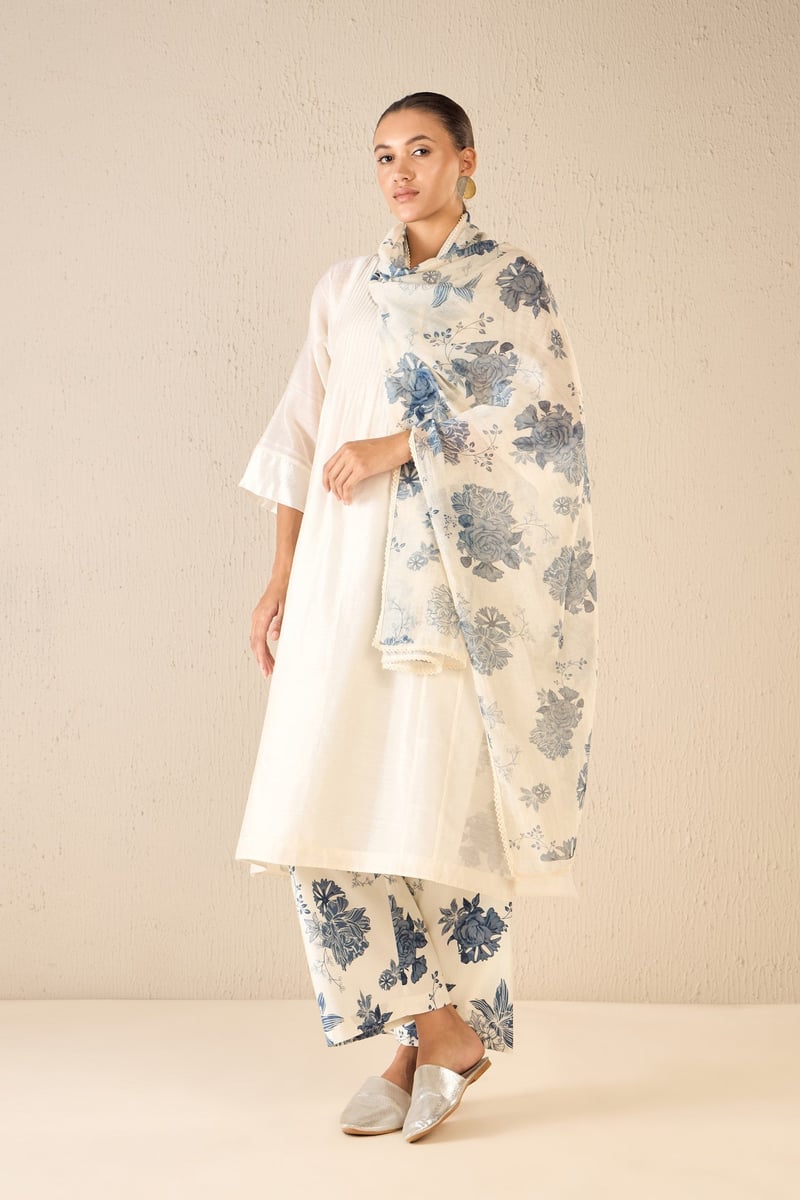 Floral Fantasy: Blue Floral Lace Dupatta