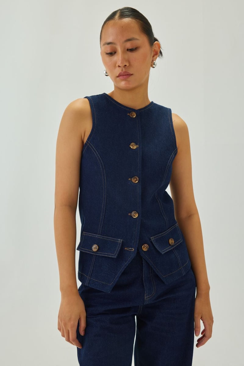 Blue Denim Round Neck Button-Front Waistcoat