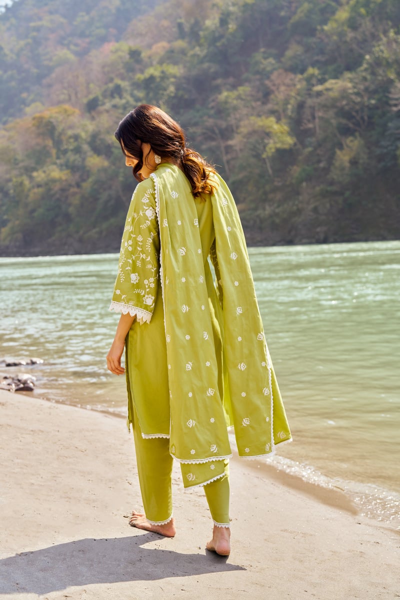 Green Cotton Embroidered Kurta Set with Lace Trim