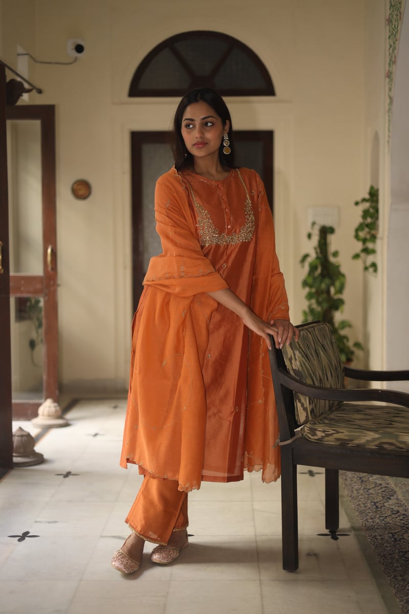 Rust Orange Zardozi Work Silk Chanderi Suit Set