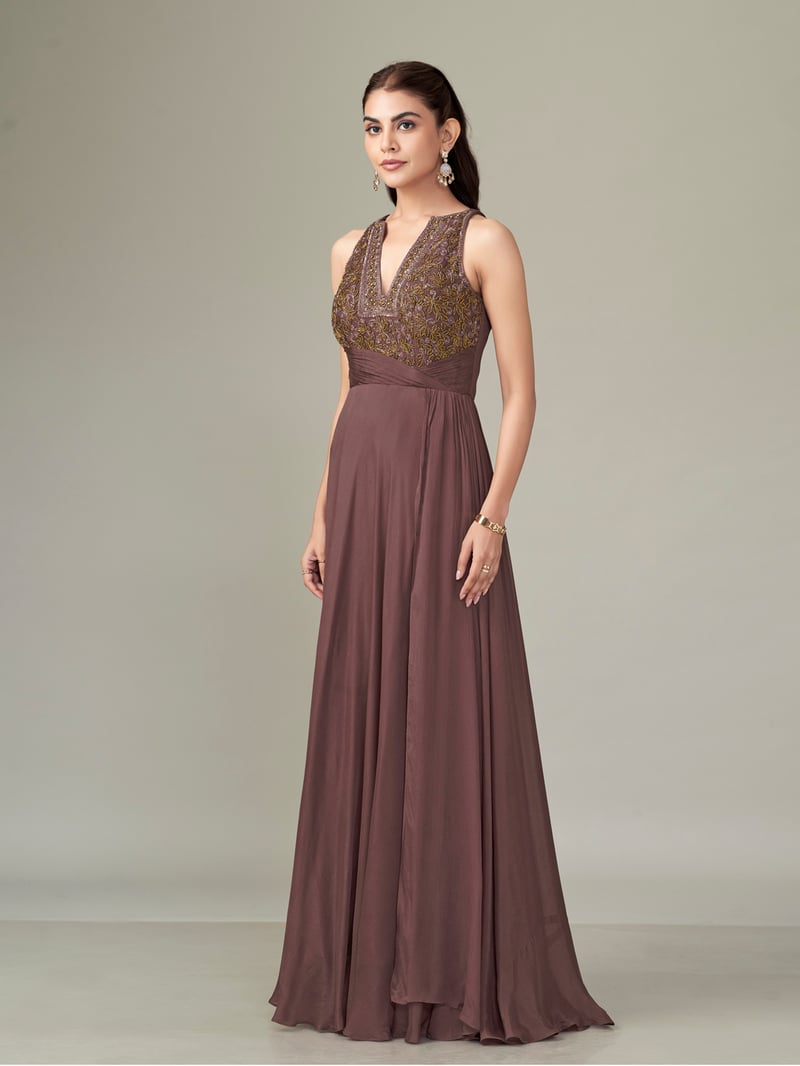 Dusty Rose Chiffon Halter-Neck Embroidered Maxi Gown