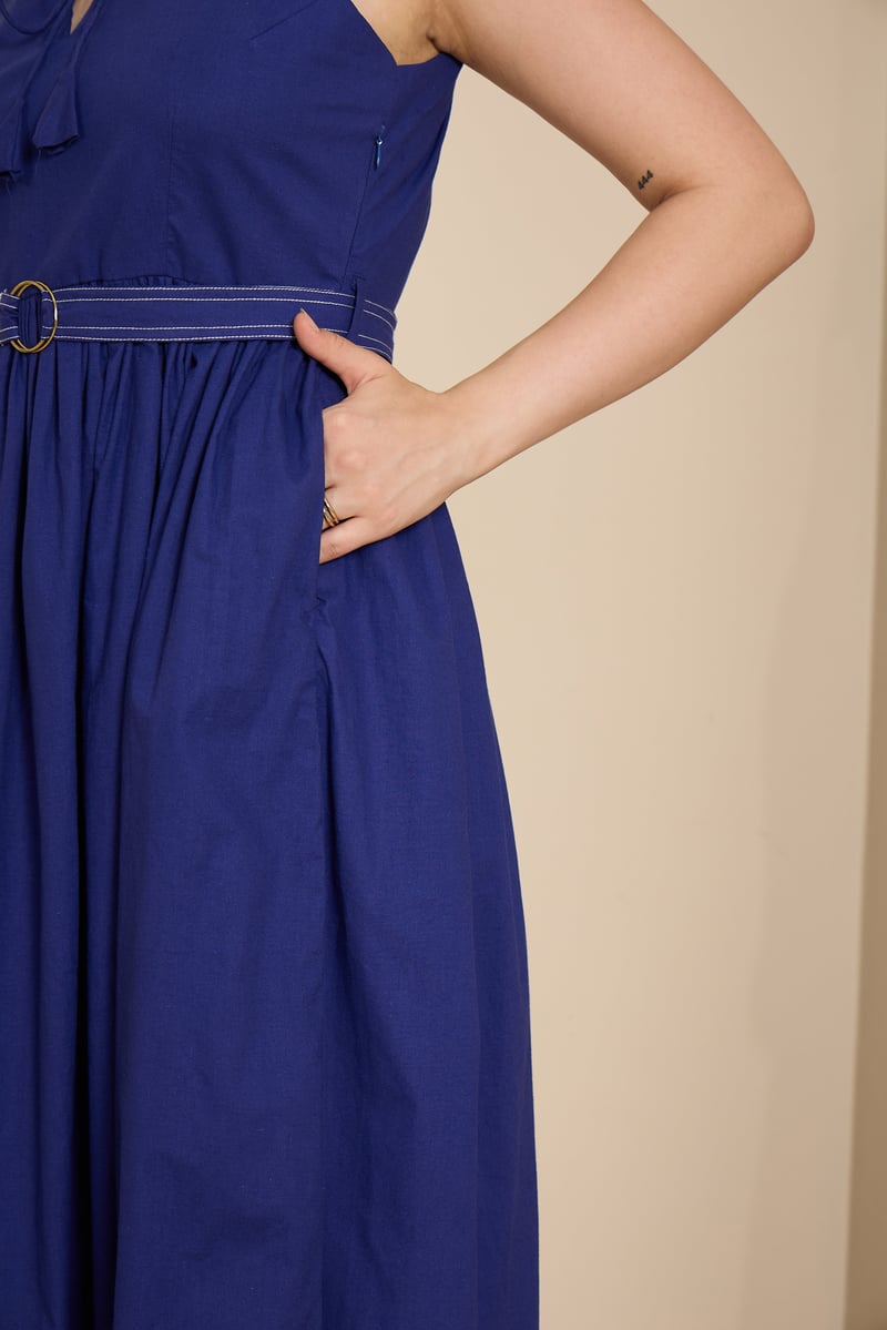 Aqua Blue Cotton Poplin Fit and Flare Midi Dress