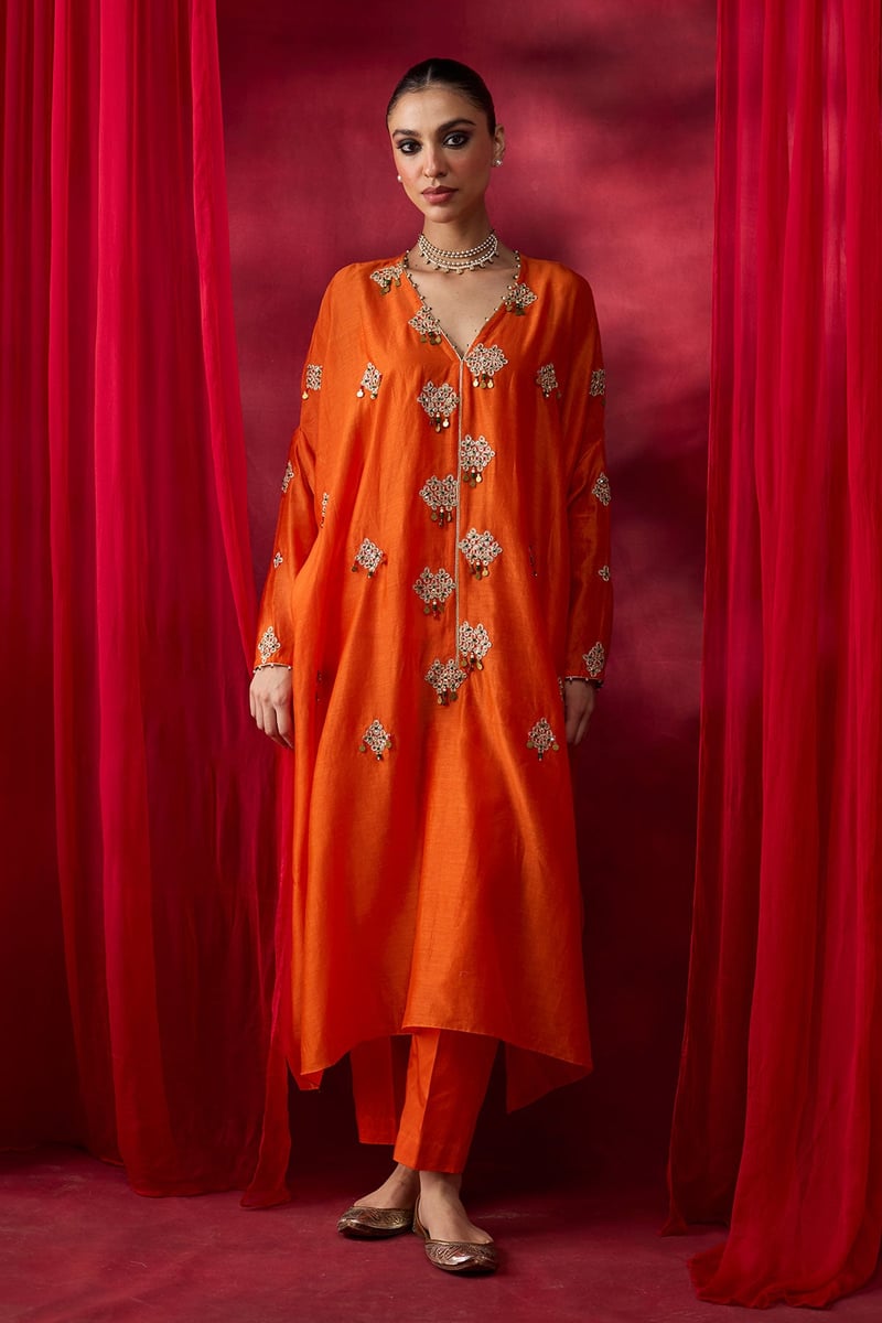 Orange Silk Chanderi Embroidered Kaftan Set