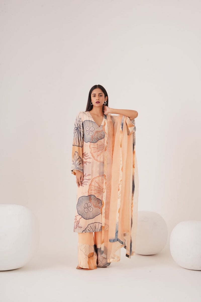 Pink Printed Straight Kurta Set with Organza Dupatta