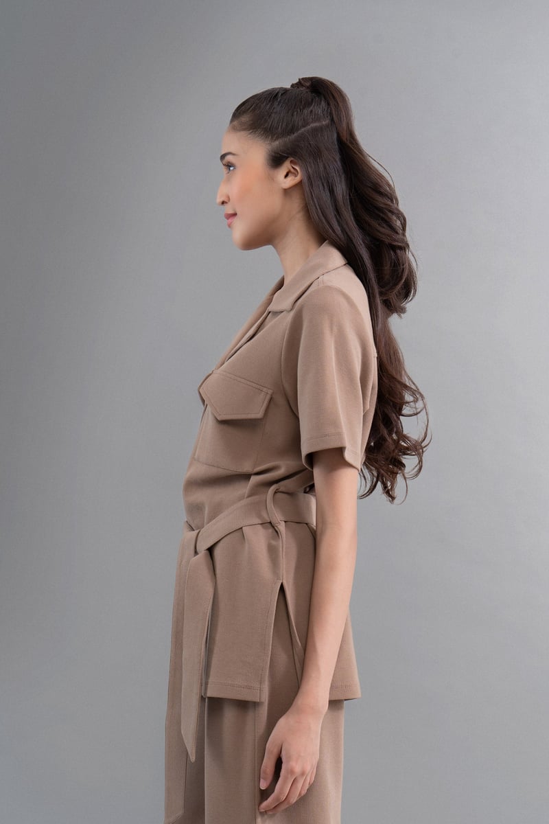 Brown Mini Waffle Belted Safari Shirt