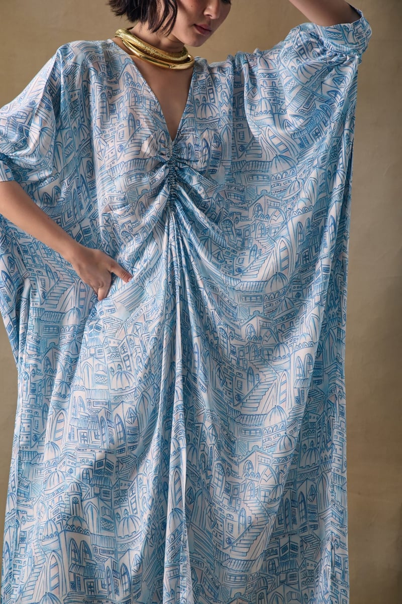 Blue Landscape Printed Modal Satin Kaftan