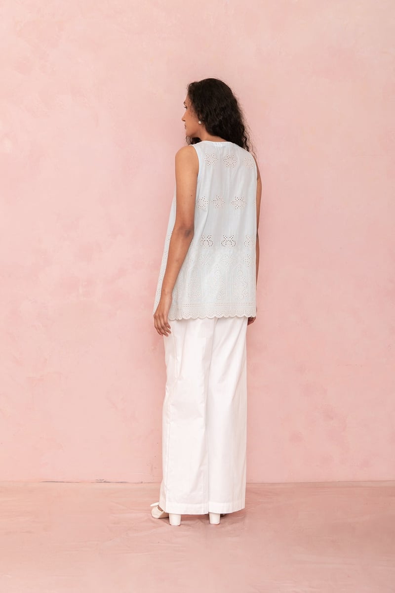 Blue Cotton Cambric Sleeveless V-Neck Embroidered Top