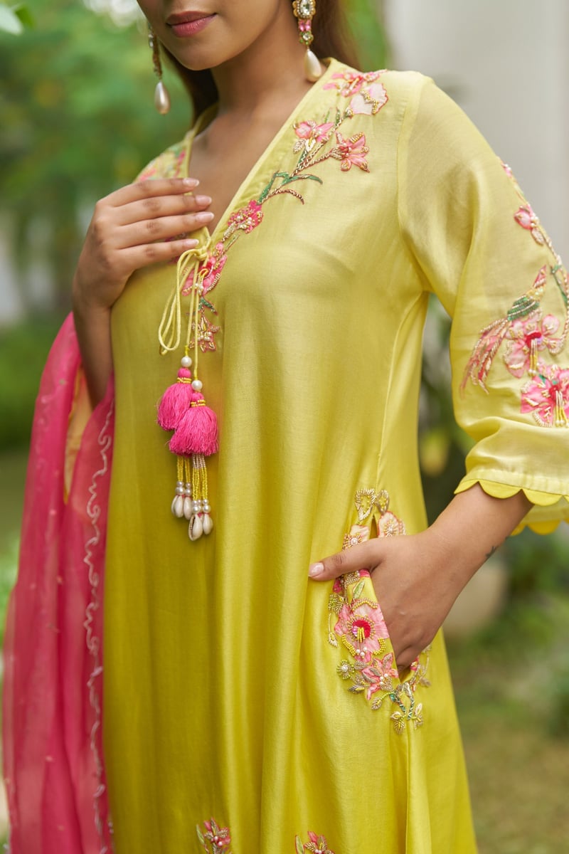 Yellow Ombre Silk Chanderi Applique Kurta Set