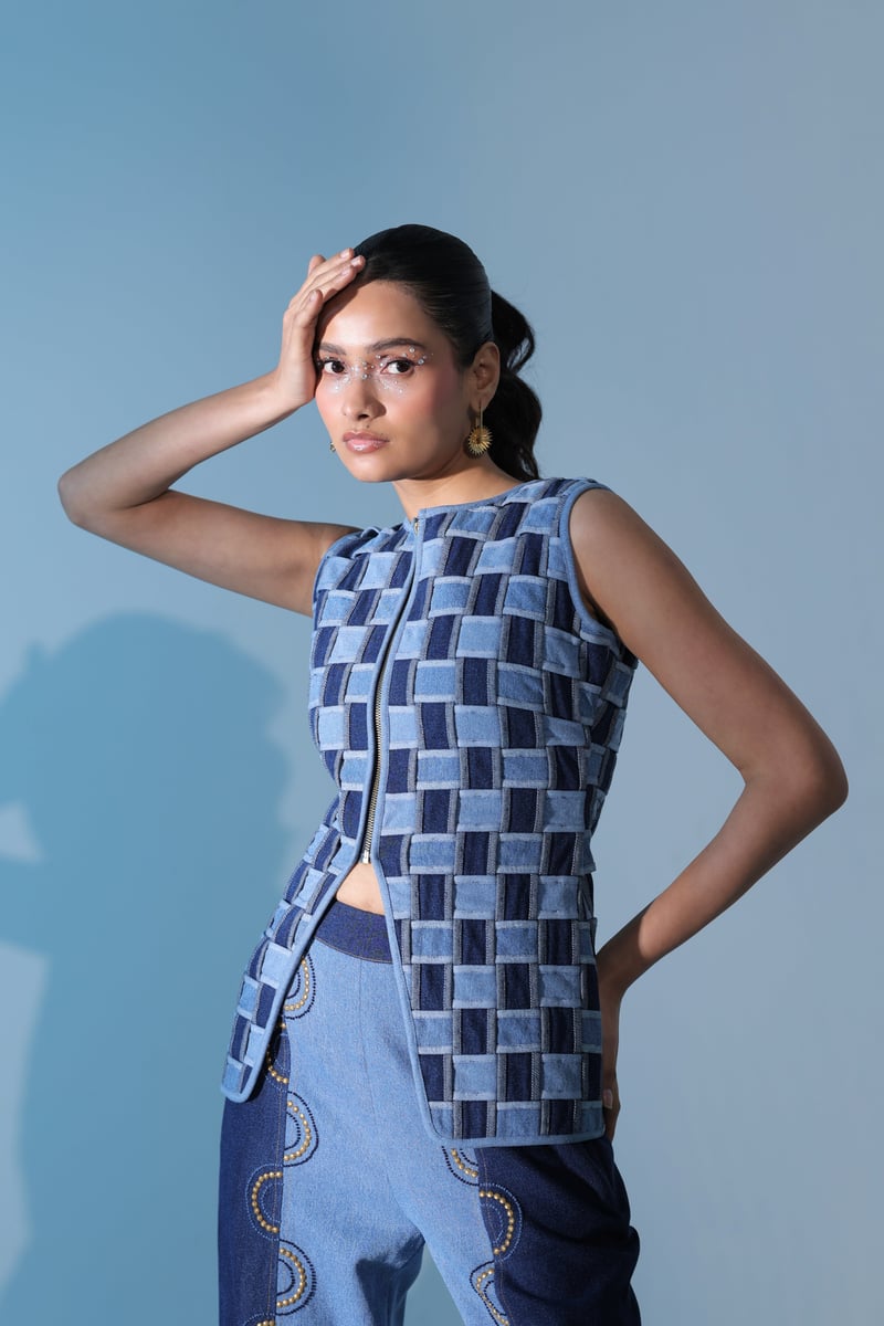 Blue Denim Basket-Weave Jacket and Wide-Leg Co-ord Set